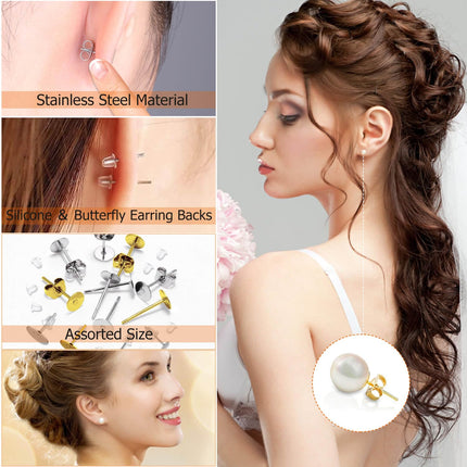 Caffox 2000pcs Stud Earring Making Kit with Earring Base and Backs for Leather, Clay, Pearl Jewelry Making (Gold & Silver)