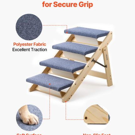 VEVOR Wood Pet Stairs, 4-Step Dog Stairs for Beds, Sofa & Cars, 60lbs Load Capacity, Folded Flat Design, Stable & Sturdy Cat & Dog Step Ladder for Small Medium Older Pet Puppy Essentials