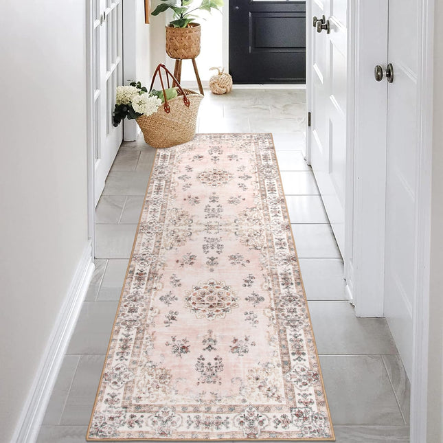 Lahome Boho Pink Runner Rugs for Hallway, 2'6"x8 Washable Floral Kids Girls Kitchen Bathroom Runner Rug for Laundry Mat, Non Slip Indoor Carpet Runners for Bedroom Floor Entryway, Peach