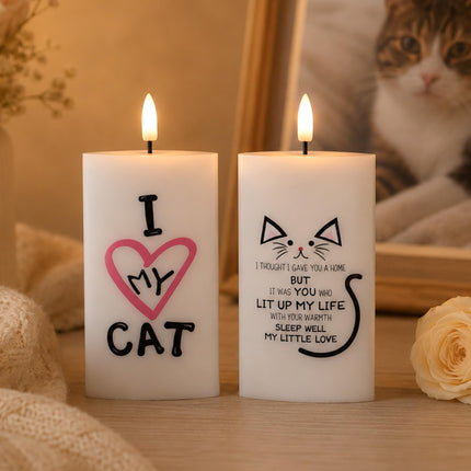 Rhytsing 1PC , 5 Inches Flat LED Memorial Candles for Loss of Cat Real Wax Sympathy Lights with Timer Function, Pet Memorial Gifts with Single-Sided Printed Design