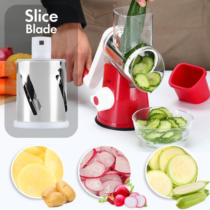 ANCEVSK Rotary Cheese Grater Shredder, Speed Kitchen Manual Round Mandolin Slicer Safe Grinder with 3 Interchangeable Blades for Nuts, Carrot, Hashbrown, Garlic, Walnut, Potato, Chocolate, Red
