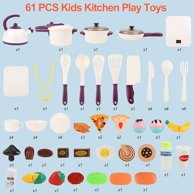 Aomola Kids Pretend Play Kitchen Toys 61PCS Cooking Set Cookware Pots and Pans Playset, Steam Cooking Utensils, Toy Cutlery, Peeling and Cutting Play Food Gift (White) T5