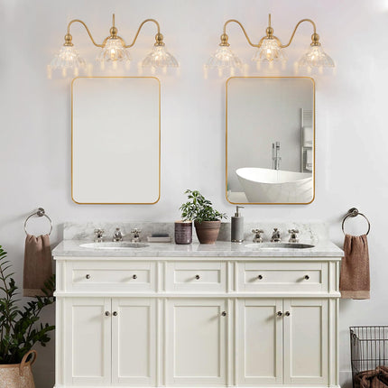 BrkNit Vintage Bathroom Light Fixtures Over Mirror, 3-Light Brass Wall Sconce Lighting with Flower Glass Shade, Farmhouse Vanity Lights for Bedroom Kitchen Living Room Hallway Light