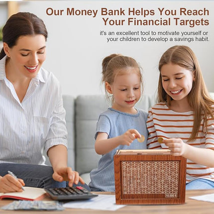 Gaukomzs Cash Vault Wooden Savings Box, $10000 Wooden Cash Saver Money Box, Cash Saver Box, Coin Counter Piggy Bank, Money Box with Counter, Wooden Money Box with Money Target and Numbers, Dark Brown
