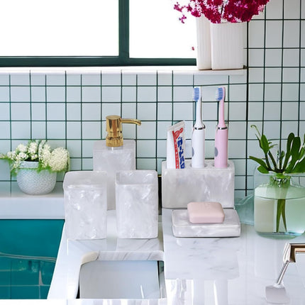 Suanti Bathroom Accessory Sets,5 pcs White Bathroom Decor Sets with Lotion Dispenser, Soap Dish, Tumbler, Toothbrush Holder, Q Tip Holders
