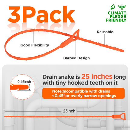 FORLIVER 3-PACK Reusable 25" Hair Clog Remover Unblocker Drain Snake for Shower, Kitchen, Sink, Bathroom, Toilet