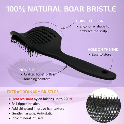 Inatekpro Curved Boar Bristle Hair Brush for Thick, Fine & Curly Hair (Large), Black