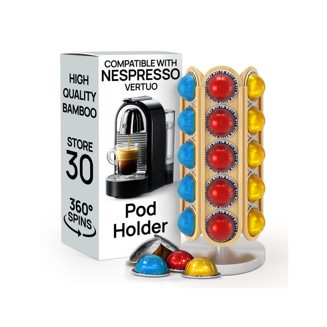 LBYX Rotating Coffee Pod Holder Compatible with Nespresso Vertuo - Coffee Pod Carousel - 360-Degree Stand with 30 Pods Capacity - Storage Organizer Nespresso Capsule Holder Rack - No Assembly (Natural)