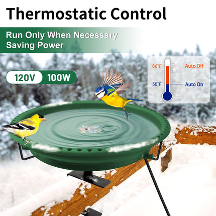 Daoeny 100W Heated Bird Bath Bowl Thermostat Control for Deck Railing Outside Garden Yard Patio Lawn Decor, GREEN