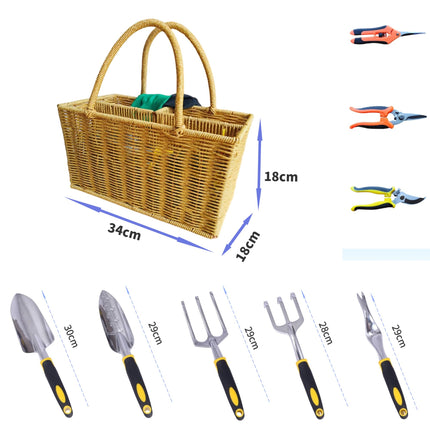 HOUDE Gardening tool set, equipped with rattan storage basket, 5 aluminum alloy hand tools and 3 stainless steel scissors