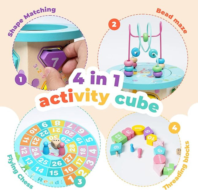 Wooden Activity Cube Baby Toys Montessori Toys for 1+ Year Old 4-in-1 Educational Learning Toys with Bead Maze T121