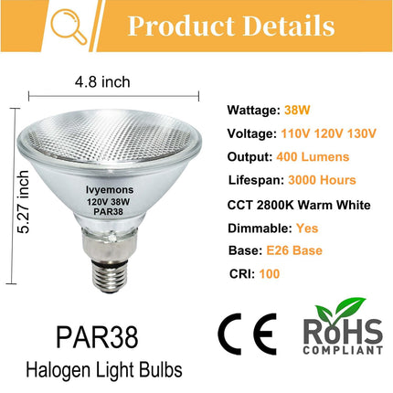 Ivyemons 4-Pack Indoor/Outdoor 38W PAR38 Halogen Bulb 120V E26 Base, PAR38 Halogen Flood Light Dimmable 2800K Warm White