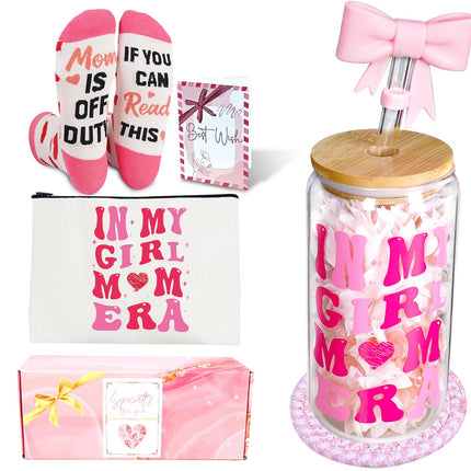 ANOTION in My Girl Mom Era Gift Set - Girl Mom Iced Coffee Cups, Mothers Day Coffee Mug with Straw, New Mom Gifts, Mother's Day Card, Mama Birthday Gift, Glass Tumbler Drinking Cup for Mother