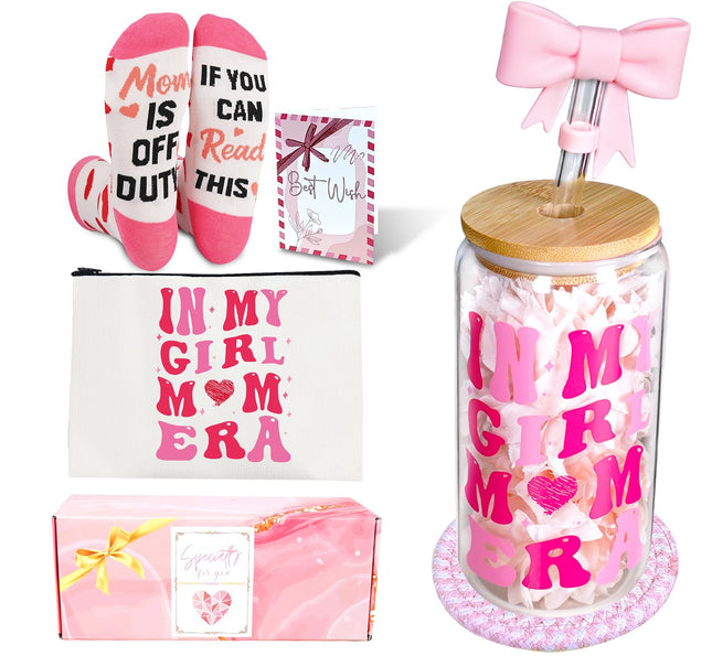 ANOTION in My Girl Mom Era Gift Set - Girl Mom Iced Coffee Cups, Mothers Day Coffee Mug with Straw, New Mom Gifts, Mother's Day Card, Mama Birthday Gift, Glass Tumbler Drinking Cup for Mother