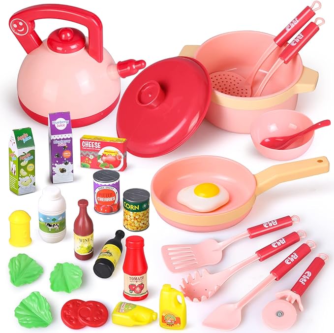 30 PCS Kids Kitchen Toy with Foods,Pretend Cooking Set for Children,Cookware Playset with Pots,Pans,Cooking Utensils and Food Accessories,Educational Gifts T50