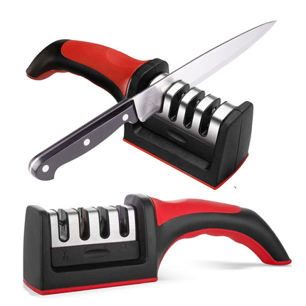 Knife Sharpeners for Kitchen Knives, Stainless Steel, 4 in 1 Ergonomic Knife Sharpening Kit, Easy to Use, with 4 Stage Sharpening Slots, Black