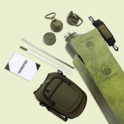 FAHRMOSIS 64oz Insulated Stainless Steel Water Bottle with Strap 3 Lids (Straw, Chug and Flip Lid), ARMY GREEN