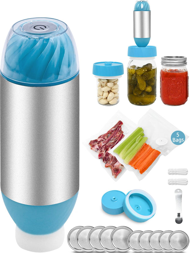 NEXT-SHINE Electric Portable Food Sealer with 5 Reusable Vacuum Bags + 10 Lids + Wide & Regular Mouth for Canning Jars, Seal Meal Saver Fermentation Food Storage