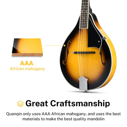 Donner A Style Sunburst Beginner Adult Acoustic Mandolin Mahogany 8 String, Bundle With Tuner String Bag Guitar Picks, DML-1