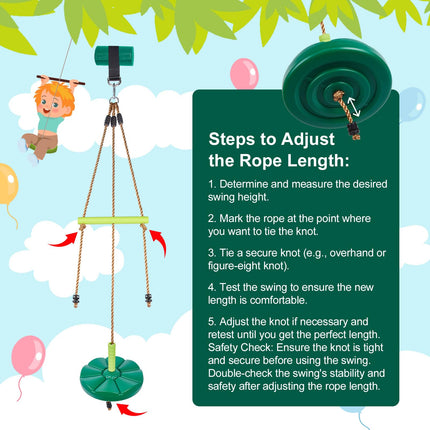 AGPTEK Disc Swing with Monkey Bars, Tree Swing Set Accessories Rope Disk Swing Seat with Carabiner and 22in Hanging Strap Heavy Duty Swingset for Zipline Outdoor Playground, Jungle & Gym Green