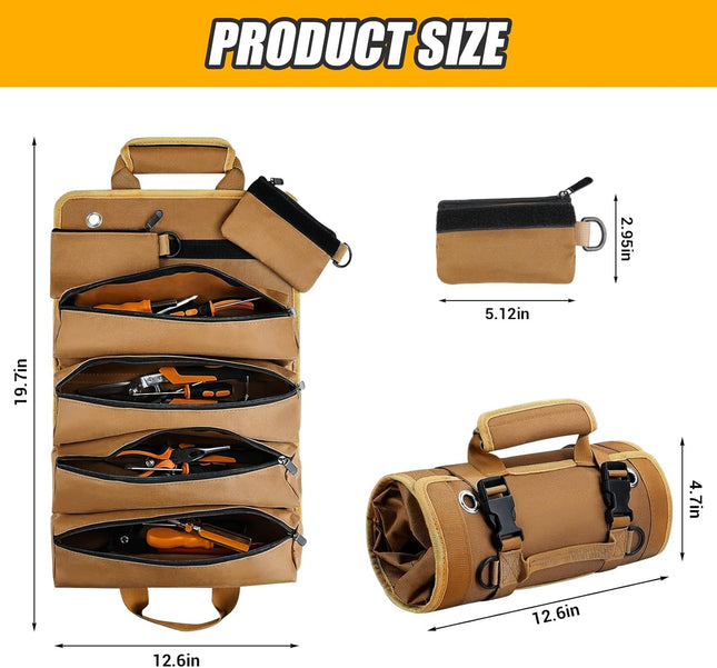 Roll Up Tool Bag Organizer - 4 Large Pockets & 2 Small Pouches Tool Roll for Plumbers, Carpenters & Handymen