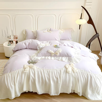 Rvciby 3PCS (1 Duvet Cover,2 Pillow Cases)  Soft Microfiber Yellow Bow Duvet Cover Bedding Set with Chiffon Lace & Cute Bows, Corner Ties & Zipper Closure