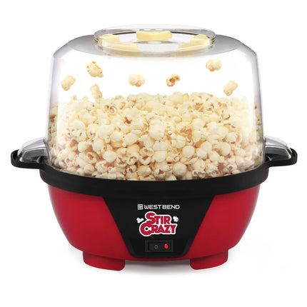 West Bend 82505 Stir Crazy Electric Hot Oil Popcorn Popper Machine with Stirring Rod Offers Large Lid for Serving Bowl and Convenient Storage, 6-quart, Red