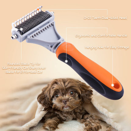 Professional Pet Dematting Comb with Double Sided Stainless Steel Pet Safe Blades, Shedding Brush Undercoat Rake tool for Removing Knots and Tangled Hair.