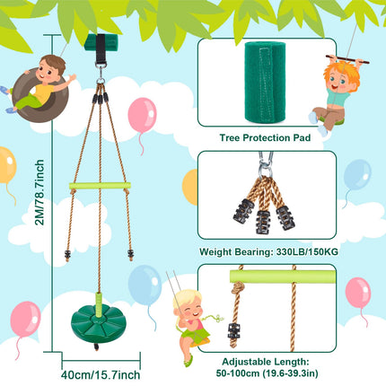 AGPTEK Disc Swing with Monkey Bars, Tree Swing Set Accessories Rope Disk Swing Seat with Carabiner and 22in Hanging Strap Heavy Duty Swingset for Zipline Outdoor Playground, Jungle & Gym Green