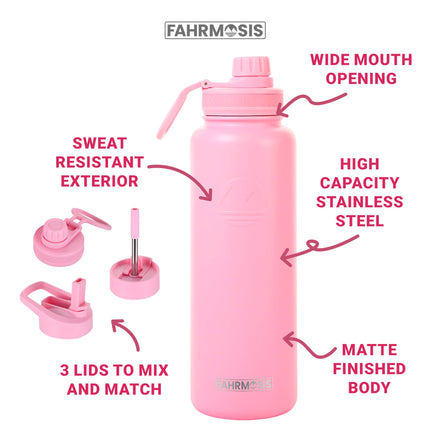 FAHRMOSIS 24oz insulated Stainless Steel Water Bottle with Straw Includes 3 Lids, PINK