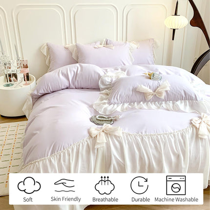 Rvciby 3PCS (1 Duvet Cover,2 Pillow Cases)  Soft Microfiber Yellow Bow Duvet Cover Bedding Set with Chiffon Lace & Cute Bows, Corner Ties & Zipper Closure