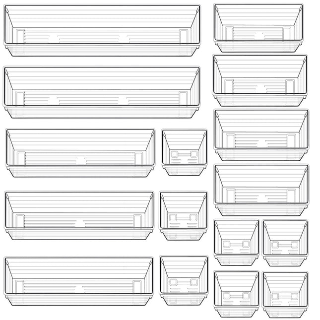 QUIENKITCH 16PCS Drawer Organizer Tray Set 4 Different Size Clear Plastic For Multi-Use