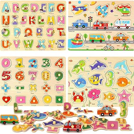 Wooden Peg Puzzles for Toddlers, Toddler Puzzles Set Letters, Numbers, Sea Animals and Vehicles 4 Pack Preschool Educational Learning Toys T77