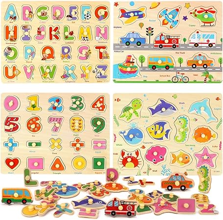 Wooden Peg Puzzles for Toddlers, Toddler Puzzles Set Letters, Numbers, Sea Animals and Vehicles 4 Pack Preschool Educational Learning Toys T77