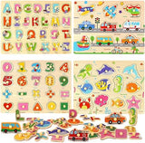 Wooden Peg Puzzles for Toddlers, Toddler Puzzles Set Letters, Numbers, Sea Animals and Vehicles 4 Pack Preschool Educational Learning Toys T77