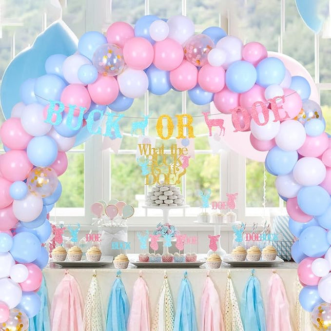 Buck or Doe Gender Reveal Decoration Pink Blue Buck or Doe Gender Reveal Cake Cupcake Toppers with Buck or Doe Banner Bunting Winter Baby Shower Gender Reveal Party Decoration Supplies for Boy or Girl