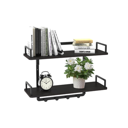 BEAUTME Floating Shelves, 24 Inch 2 Tier Kitchen Shelves Wall Mounted with 4 Hooks, Hanging Wall Shelf for Living Room, Coffee Bar, Bedroom, Bathroom