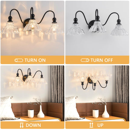BrkNit Vintage Farmhouse Vanity Over Mirror 3-Light Black Wall Sconce Lighting with Flower Glass Shade, for Bedroom Kitchen Living Room Hallway Light
