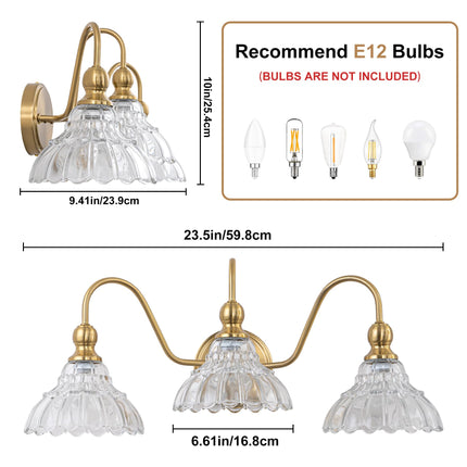 BrkNit Vintage Bathroom Light Fixtures Over Mirror, 3-Light Brass Wall Sconce Lighting with Flower Glass Shade, Farmhouse Vanity Lights for Bedroom Kitchen Living Room Hallway Light