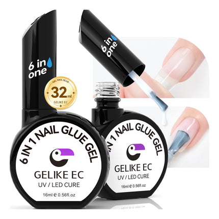 Gelike EC Gel Nail Glue Milky White 32ML 2PCS - 6 in 1 Vitamin B&E Extra Strong Brush on Nail Glue for Acrylic Nails, Long Lasting Jelly Base Gel Adhesive UV Nail Glue for Press On Nail Tips