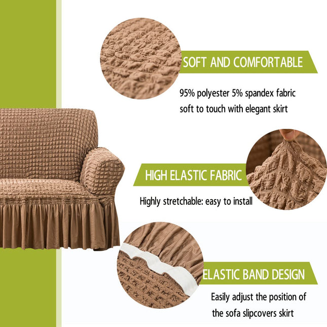 Qubjus Washable Furniture Stretch Sofa Slipcover Protector Cover with Elastic Bottom and Skirt for Kids Pets (Brown, Large)