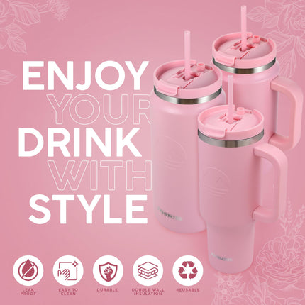 FAHRMOSIS 50 Oz Tumbler with Handle and Straw Large Insulated Tumbler Stainless Steel Travel Mug for Hot & Cold Drinks, Reusable Water Bottle with Lids and Straw - Pink