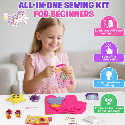 Sewing Kit for Beginner Kids, 10Pcs Unicorn Bear DIY Arts and Crafts Box, Felt Art Projects, Blind Box Craft Supplies, Learn to Sew Embroidery Kit, Easter Birthday Gifts for 3 4 5 6 7 8 Years Old Girls Boys