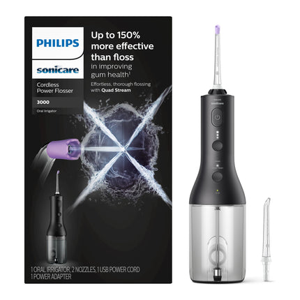 Philips Sonicare Power Flosser 3000 Cordless, Oral Irrigator Quad Stream technology and whisper quiet, Black, HX3826/23