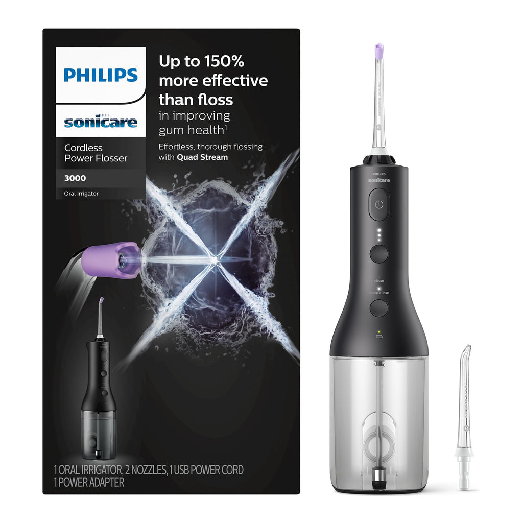 Philips Sonicare Power Flosser 3000 Cordless, Oral Irrigator Quad Stream technology and whisper quiet, Black, HX3826/23
