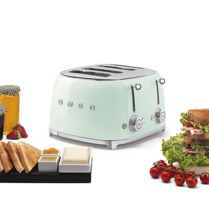 Smeg 50's Style Retro Aesthetic 4 Slice Toaster 6 Presets Extra Wide Slots, Pastel Green, TSF03PGUS
