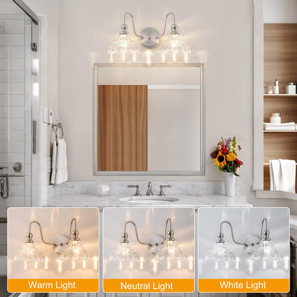 BrkNit Vintage Farmhouse Vanity Over Mirror, 2-Light Brushed Nickel Wall Sconce Lighting with Flower Glass Shade For Bedroom Kitchen Living Room Hallway Light