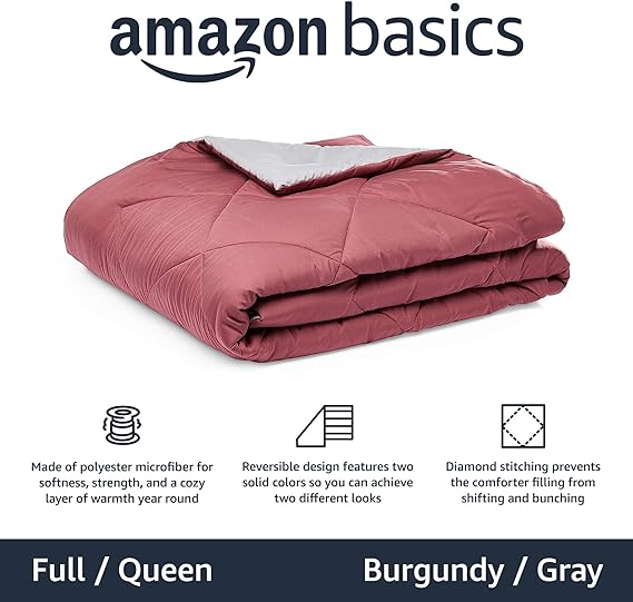 Amazon Basics Reversible Microfiber Comforter Blanket - Full or Queen, Burgundy