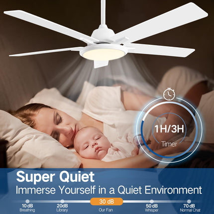 OUTON 52"Ceiling Fans with Lights & Remote Control, LED Dimmable Modern Ceiling Fan with 5 Dual Finish Blades, 3 Color Temperature, Indoor Outdoor Ceiling Fan for Bedroom Living Room Patio, White