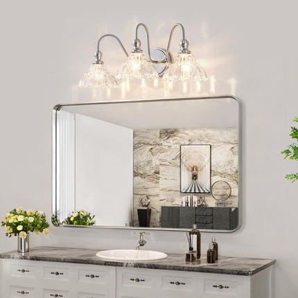 BrkNit Vintage Bathroom Light Fixtures Over Mirror, 3-Light Brushed Nickel Wall Sconce Lighting with Flower Glass Shade, Farmhouse Vanity Lights for Bedroom Kitchen Living Room Hallway Light